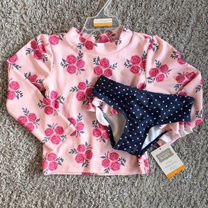 ✨$20✨ NWT•Hudson Baby Girls’ Swim Rashguard Set | Pink Rose/ Blue Polka Dot | 3T